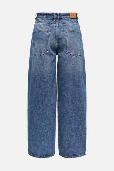 Dark blue wide-leg denim jeans by ONLY, back view with classic stitching and leather waistband label