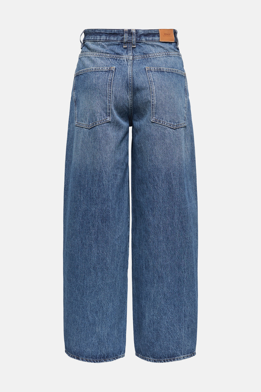 Dark blue wide-leg denim jeans by ONLY, back view with classic stitching and leather waistband label
