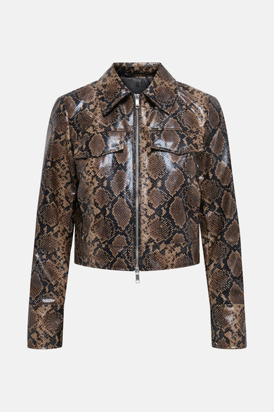 Kort bruin jack met slangenprint van ONLY, van achteren gezien.