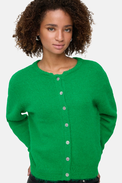 Groene gebreide cardigan van ONLY®, met een rij witte knopen en een ronde hals.