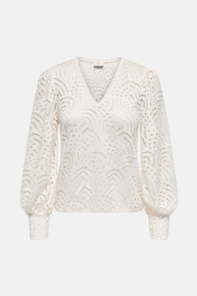 Ecru blouse met lange mouwen van JDY, in opengebreide kant met pofmouwen.