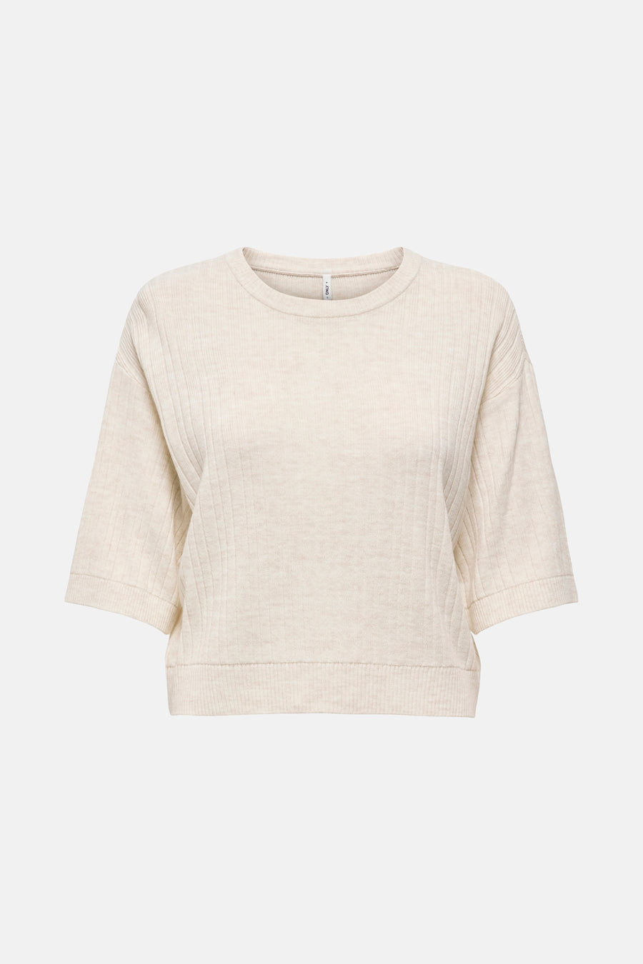 Beige ronde hals trui van ONLY, in geribbelde textuur en korte mouwen.