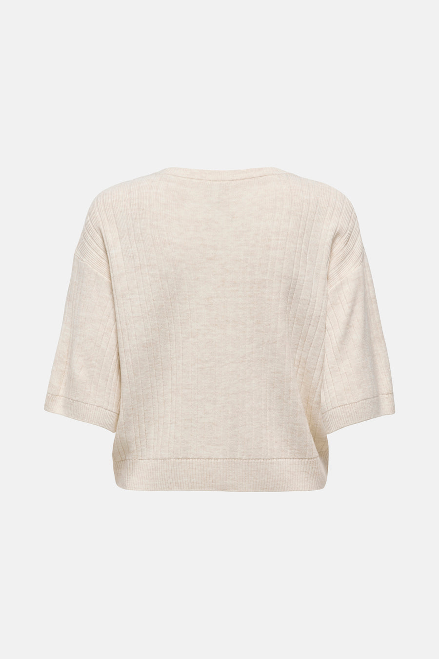 Beige ronde hals trui van ONLY®, in fijne ribgebreide stof, korte mouwen.