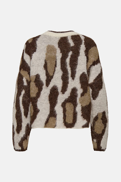 Ronde hals trui met meerkleurige print van ONLY, met een getextureerd dierenprint in bruin- en beigetinten.