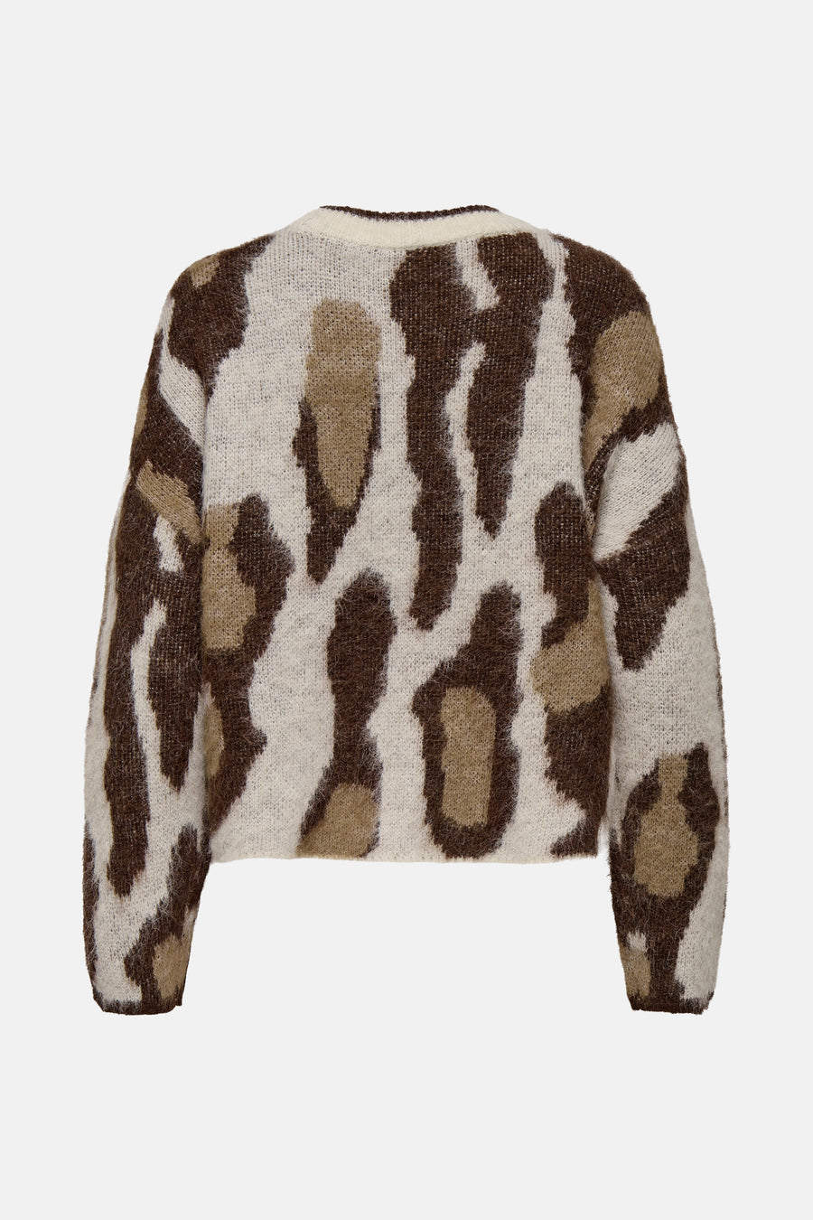 Ronde hals trui met meerkleurige print van ONLY, met een getextureerd dierenprint in bruin- en beigetinten.