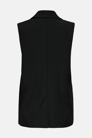 Zwarte blazer van ONLY, mouwloos, met een reverskraag, van achteren gezien.