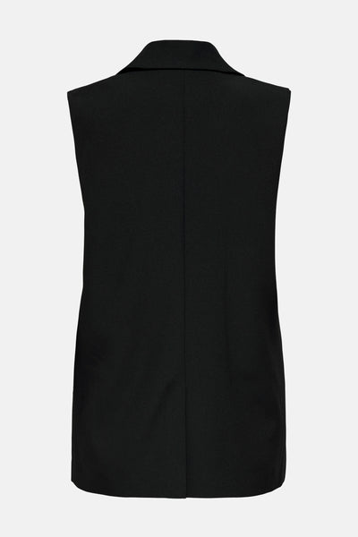 Zwarte blazer van ONLY, mouwloos, met een reverskraag, van achteren gezien.