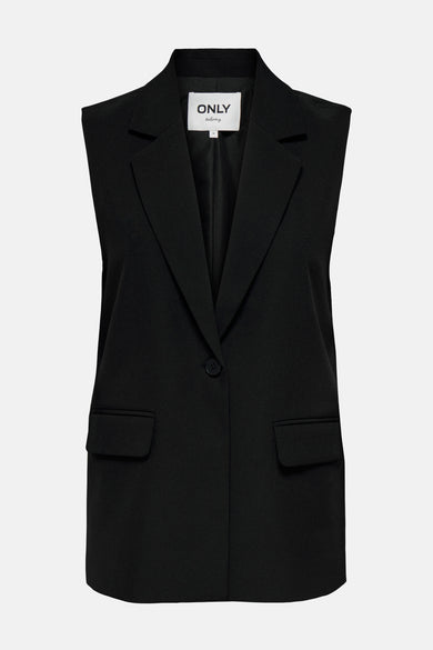 Zwarte mouwloze blazer van ONLY, met ingesneden revers en paspelzakken.