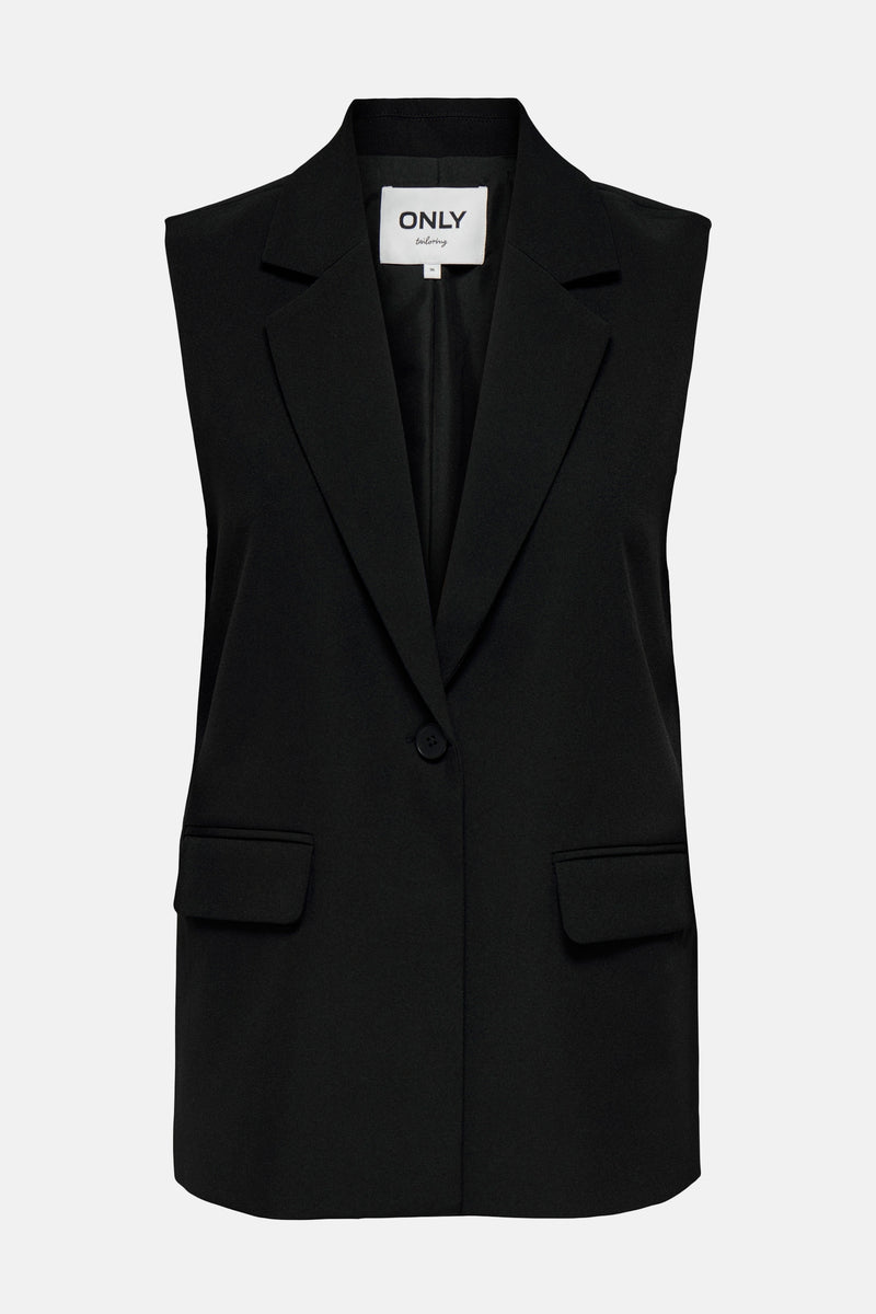Zwarte mouwloze blazer van ONLY, met ingesneden revers en paspelzakken.