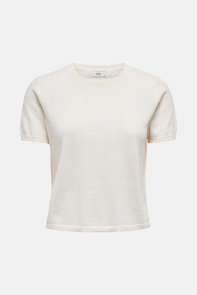 Beige trui van JDY, in fijne breinaald, met korte mouwen.