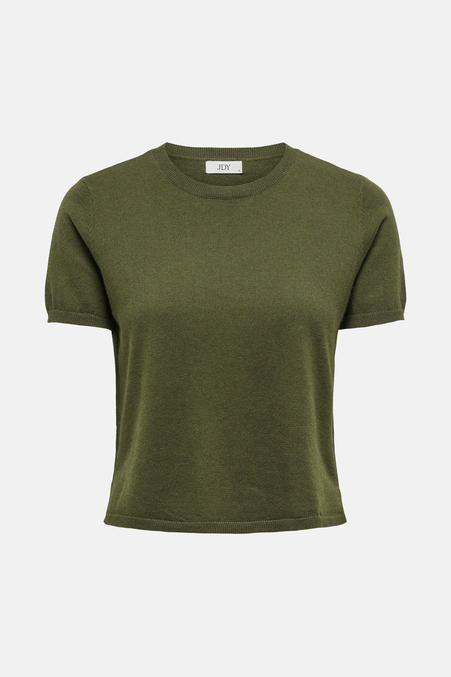 Pull vert de JDY avec une texture tricotée fine et des manches courtes bouffantes.