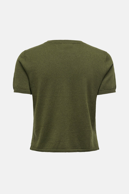 Pull vert de JDY, à manches courtes et texture maille fine, vue de dos.
