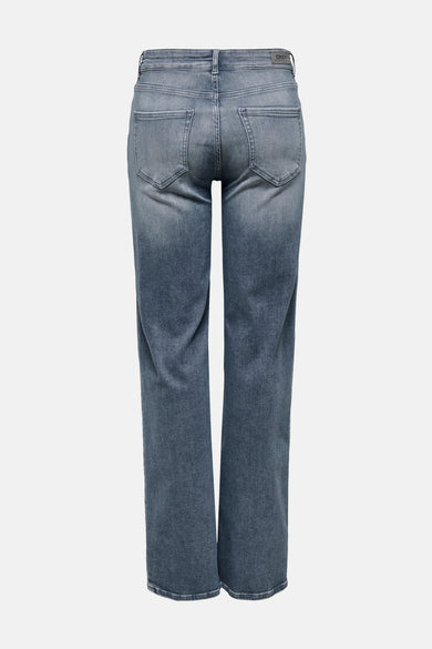 Jean droit bleu denim délavé de ONLY, avec poches arrière et passants de ceinture.