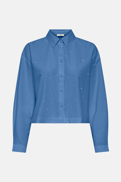 Blauwe blouse met lange mouwen van JDY, versierd met kleine glinsterende strassteentjes, korte pasvorm en knoopsluiting.