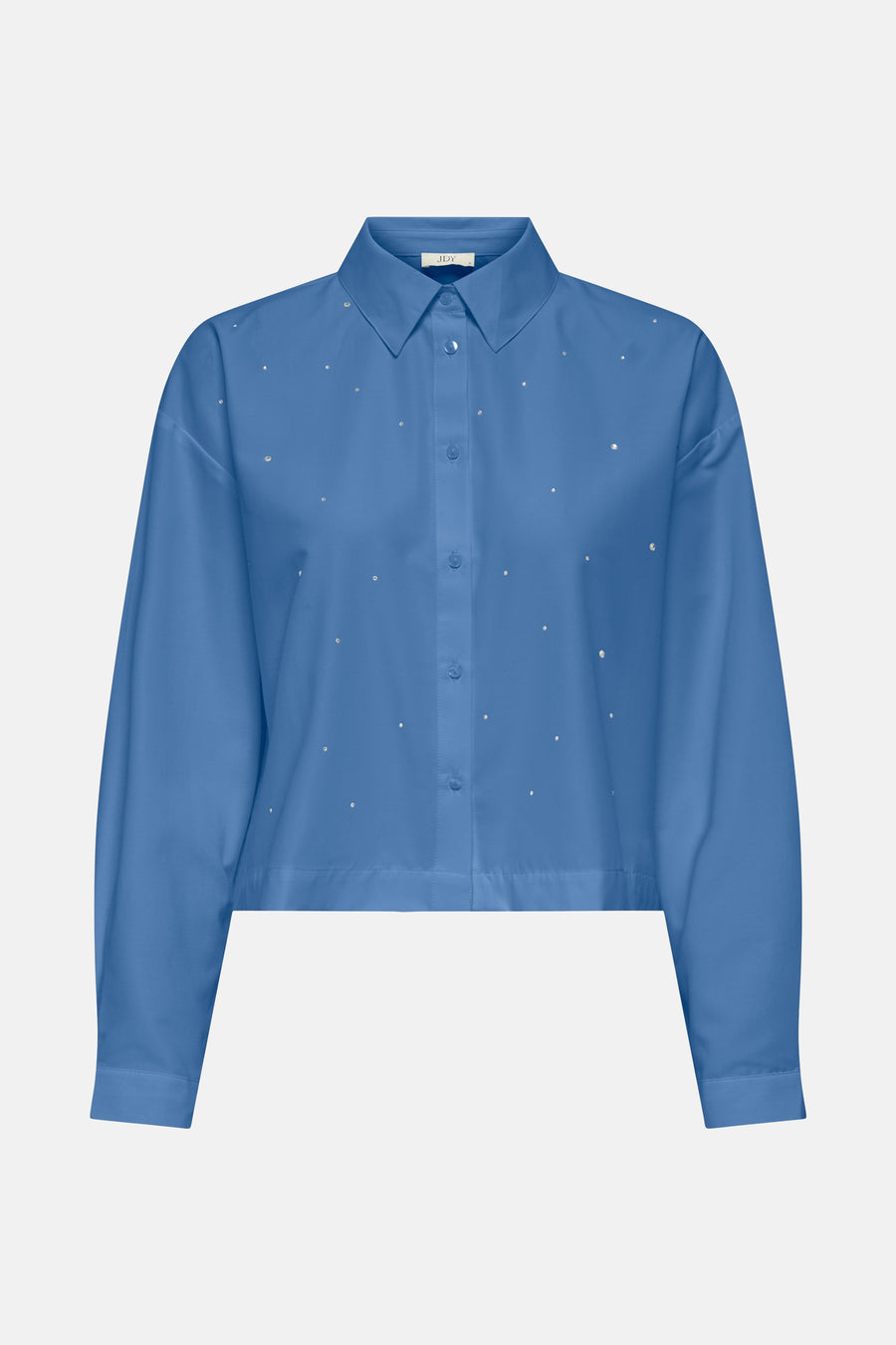 Blauwe blouse met lange mouwen van JDY, versierd met kleine glinsterende strassteentjes, korte pasvorm en knoopsluiting.