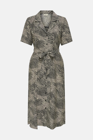 Robe à manches courtes multicolore de JDY, avec un motif ondulé zébré, une ceinture nouée et une coupe midi.
