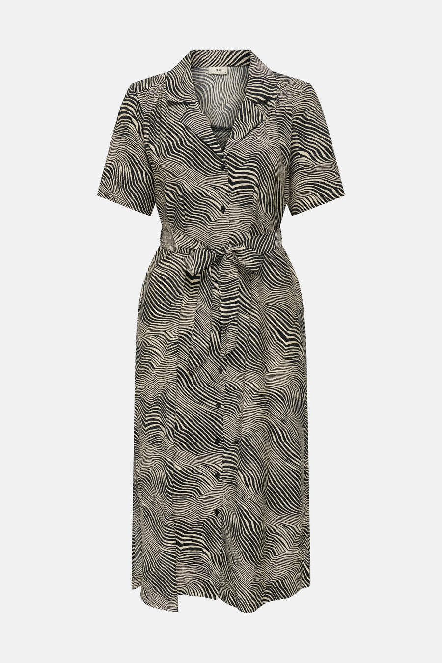 Robe à manches courtes multicolore de JDY, avec un motif ondulé zébré, une ceinture nouée et une coupe midi.
