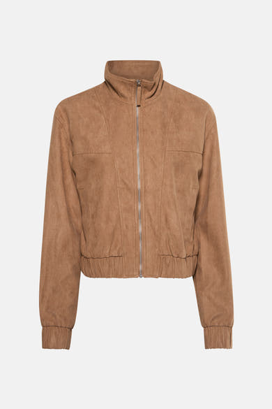 Veste courte beige de JDY avec fermeture éclair argentée et finitions côtelées.