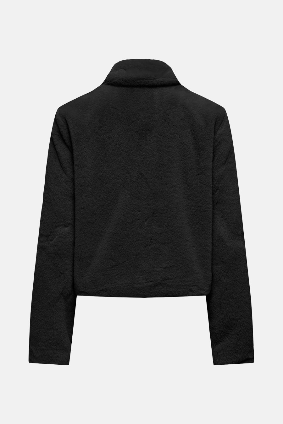 Veste courte noire en fausse fourrure de JDY, avec un col montant, vue de dos.
