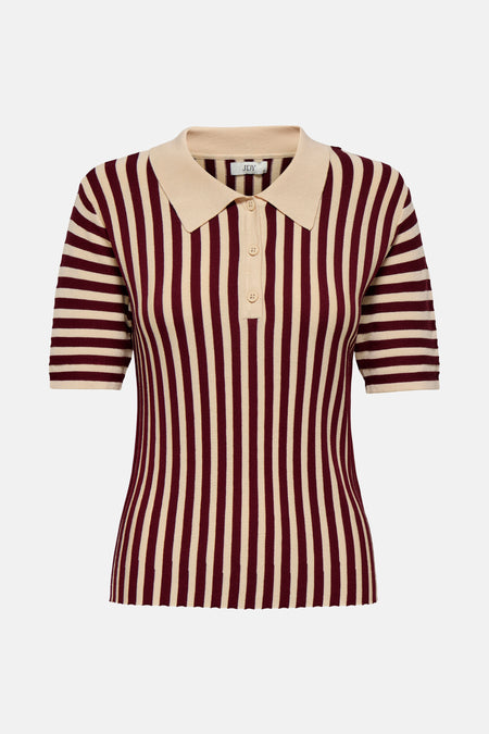 Bordeaux gestreept T-shirt van JDY, met beige kraag en korte mouwen, van achteren getoond.