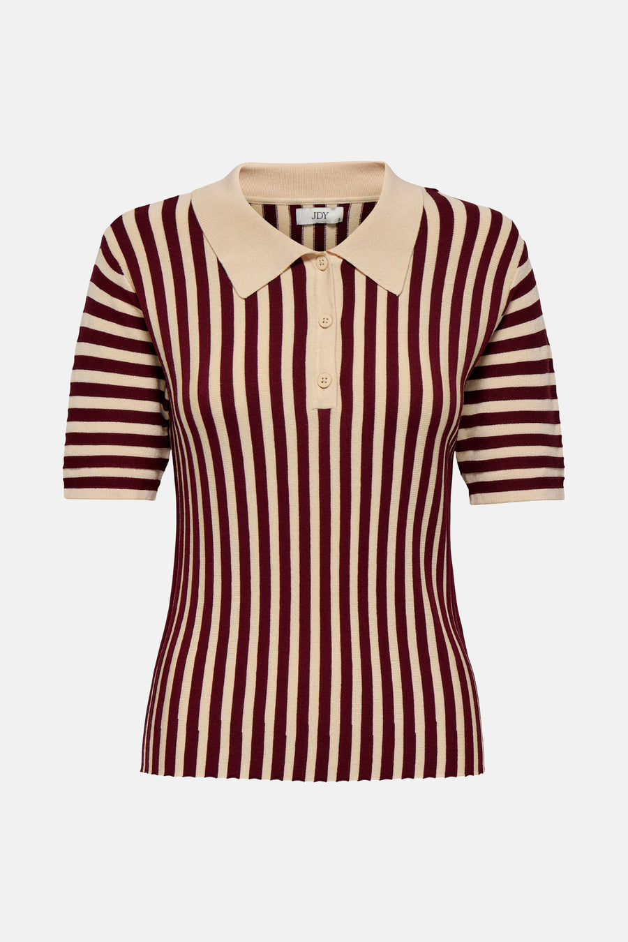 Bordeaux gestreept T-shirt van JDY, met beige kraag en korte mouwen, van achteren getoond.