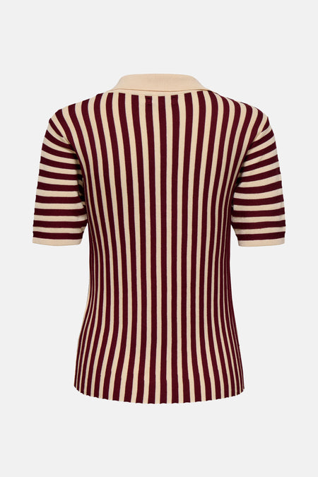 Pull bordeaux rayé de JDY, avec col beige et manches courtes, présenté de dos.
