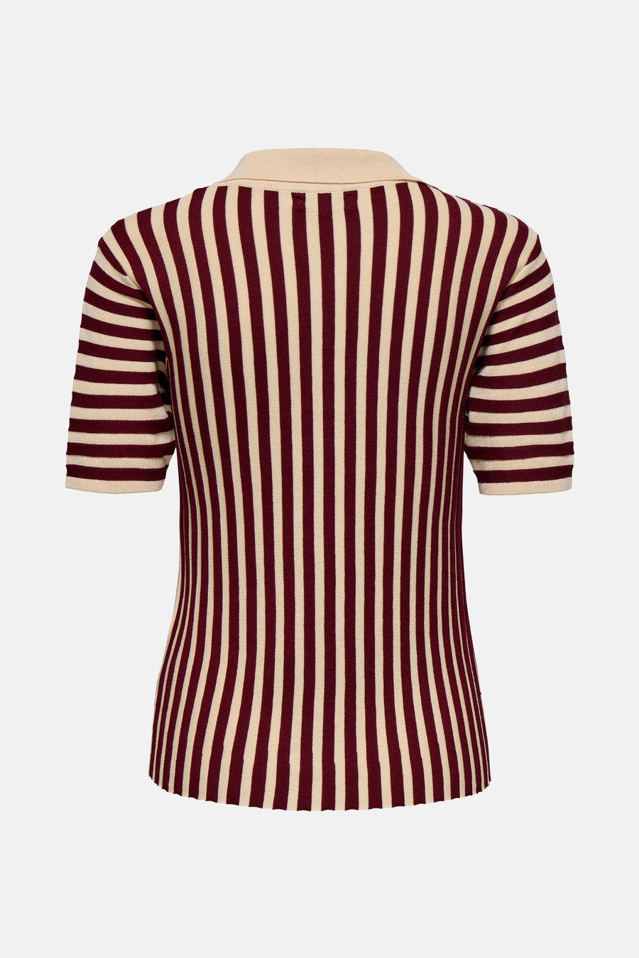 Pull bordeaux rayé de JDY, avec col beige et manches courtes, présenté de dos.
