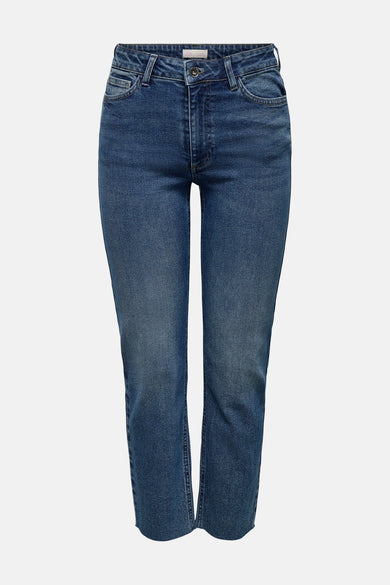 Rechte jeans van middinblauw denim van JDY, met zakken, rechte pasvorm en rafelzomen.