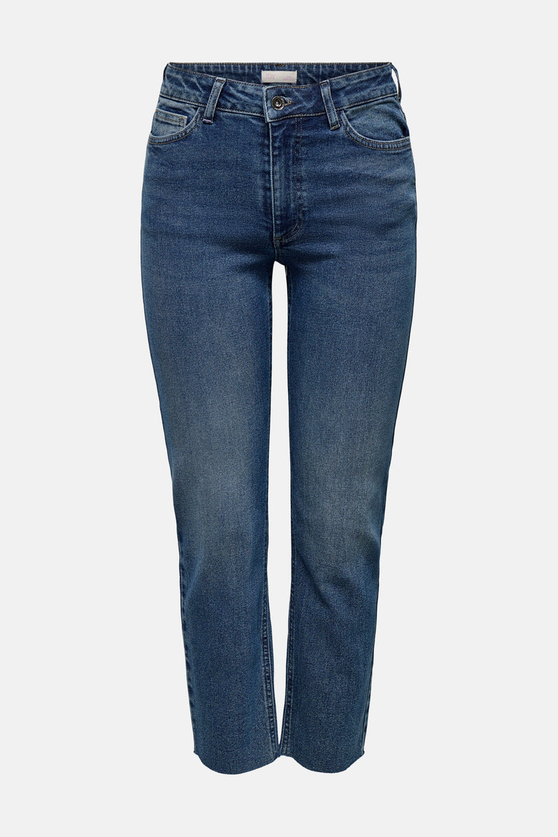 Rechte jeans van middinblauw denim van JDY, met zakken, rechte pasvorm en rafelzomen.