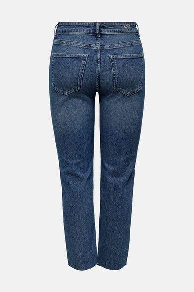 Rechte jeans in middinblauw denim van JDY, achterkant met zakken en hoge taille.