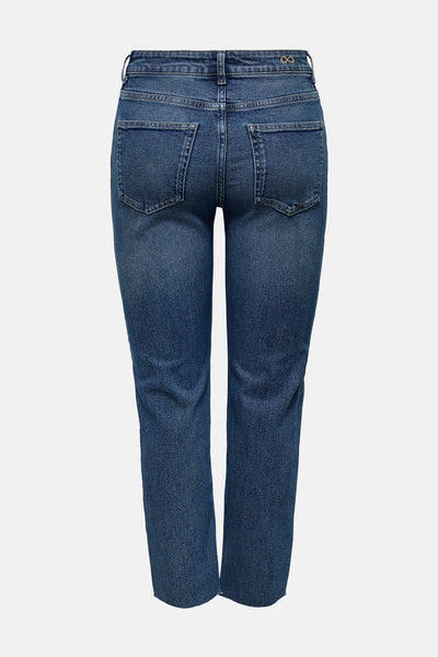 Rechte jeans in middinblauw denim van JDY, achterkant met zakken en hoge taille.