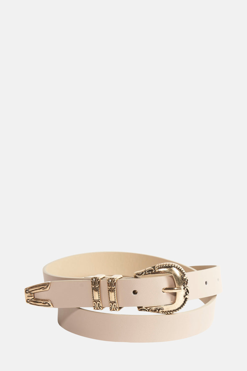 Beige riem van imitatieleer van ONLY, met decoratieve gouden gesp en gegraveerde details.