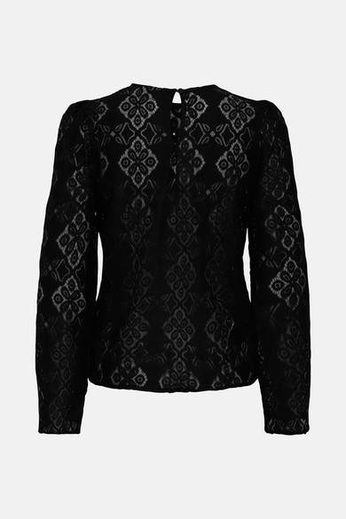 Zwarte blouse met lange mouwen van JDY, met bloemenkantpatroon op een effen achtergrond.