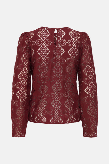 Blouse bordeaux à manches longues de JDY, en dentelle à motifs losanges et floraux.