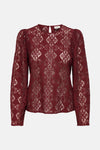 Blouse bordeaux à manches longues de JDY, ornée de motifs floraux en dentelle.
