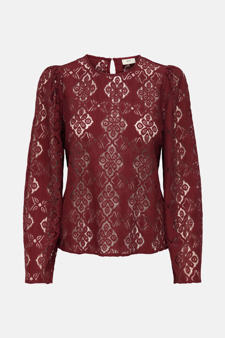 Blouse bordeaux à manches longues de JDY, ornée de motifs floraux en dentelle.
