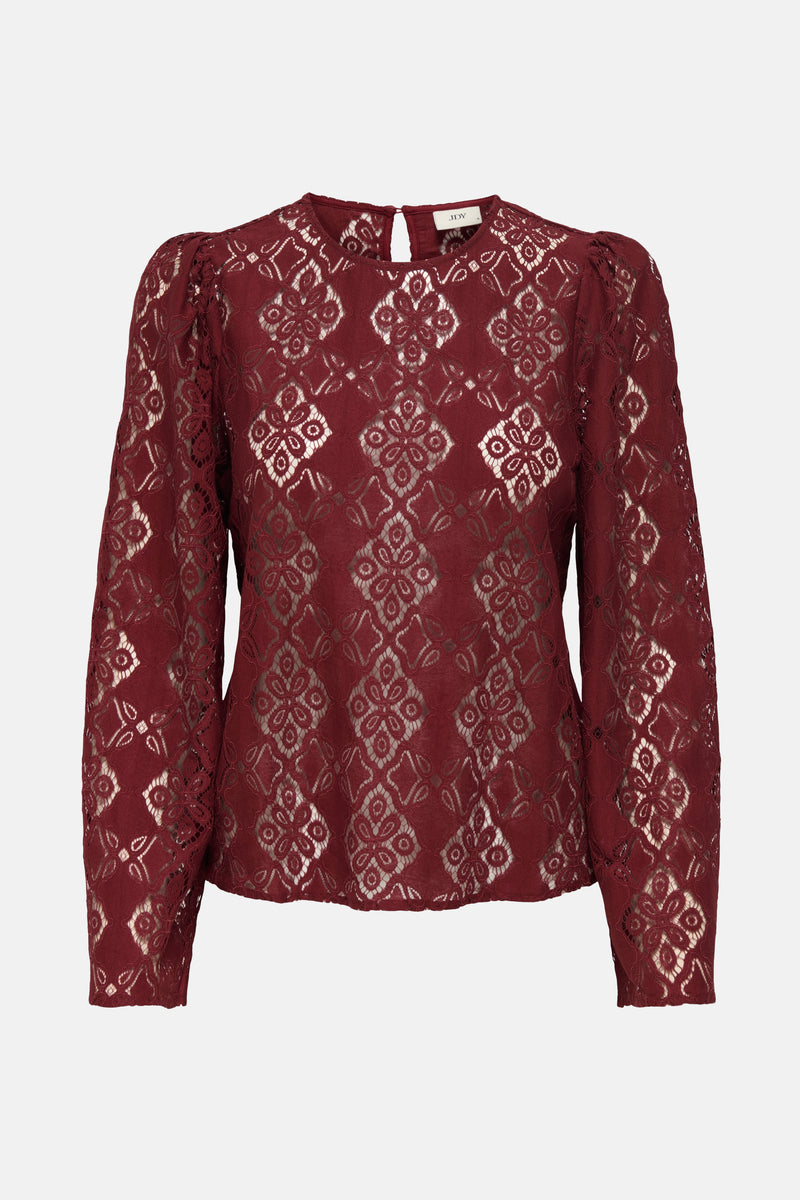 Bordeaux blouse met lange mouwen van JDY, versierd met bloemenpatronen in kant.