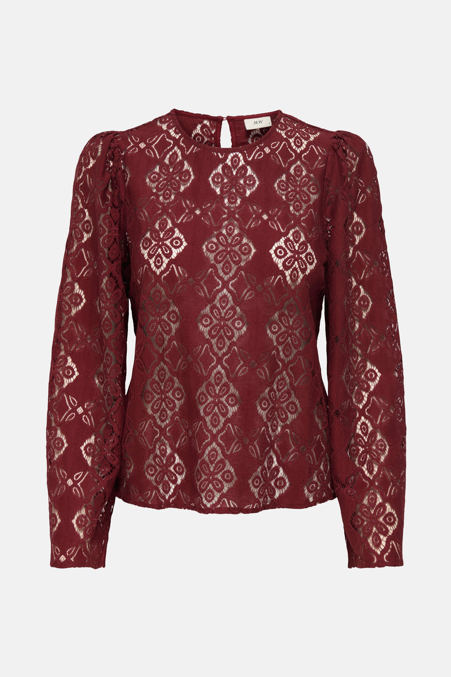 Blouse bordeaux à manches longues de JDY, ornée de motifs floraux en dentelle.
