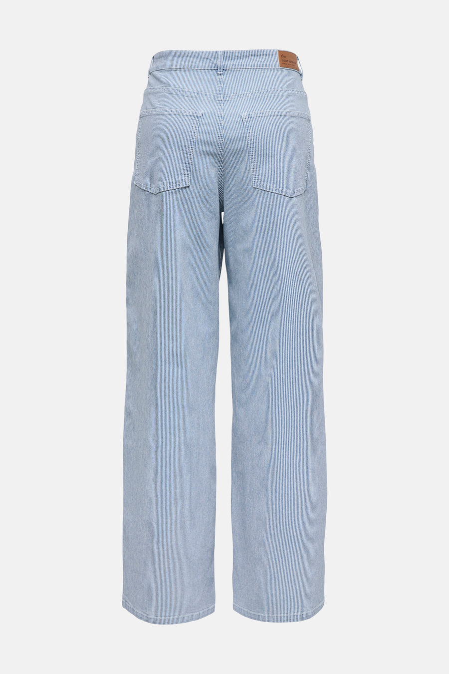 Pantalon en jean rayé bleu clair de ONLY®, coupe large, à fines rayures verticales, vu de dos.