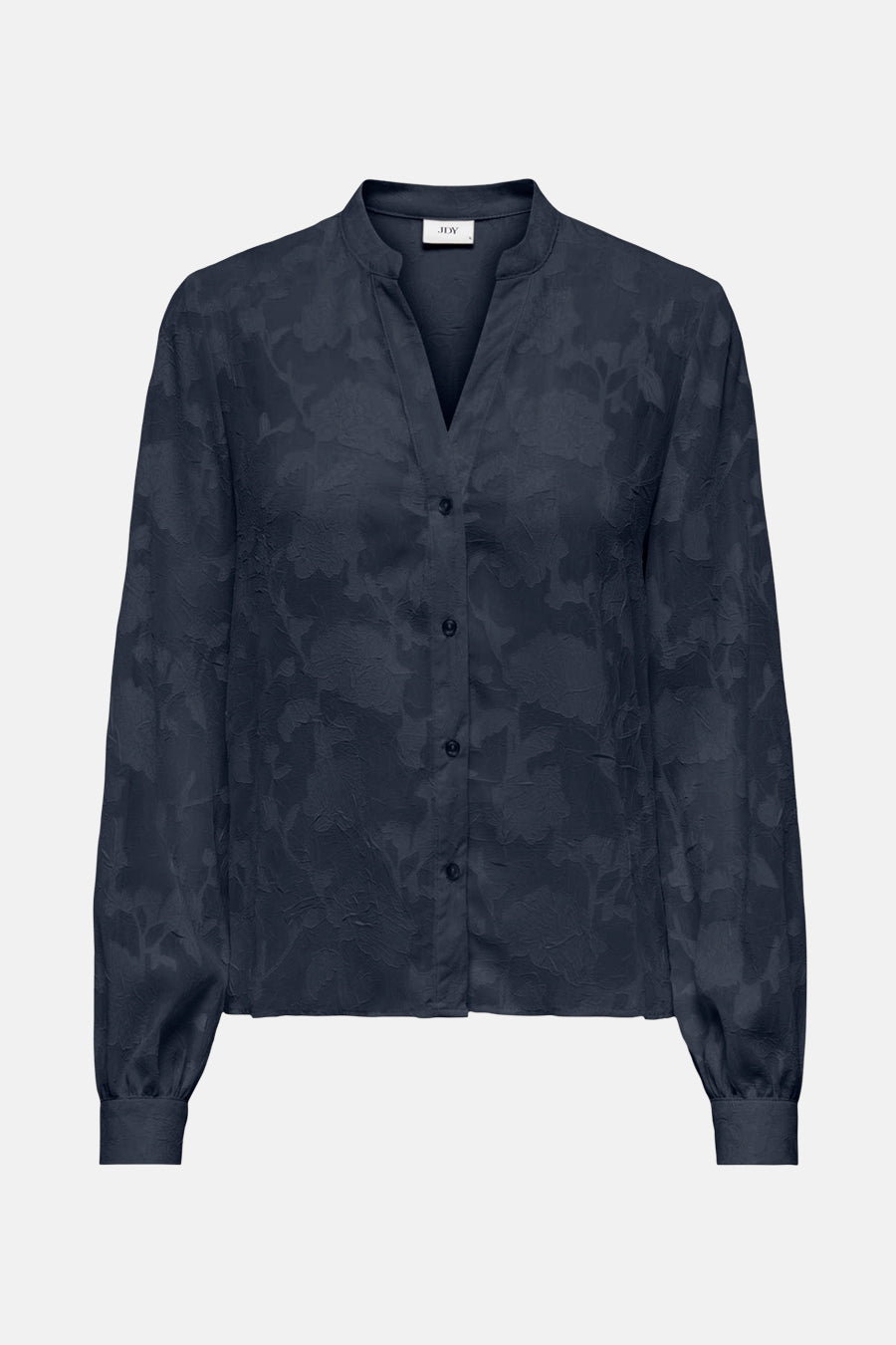 Chemisier bleu à manches longues de JDY avec un motif texturé floral et une coupe boutonnée.
