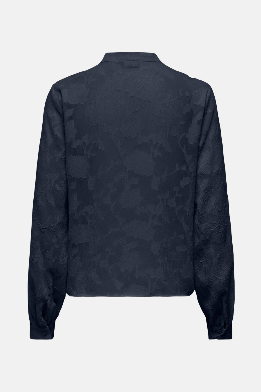 Chemise à manches longues bleue texturée de JDY, avec motif floral subtil et manches longues bouffantes.
