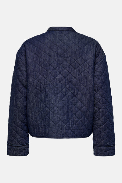 Veste courte en denim bleu foncé par ONLY, à motif losanges matelassé, vue de dos.