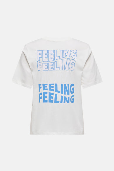 T-shirt blanc à manches courtes de ONLY, imprimé avec le texte « Feeling Good Feeling » au dos.