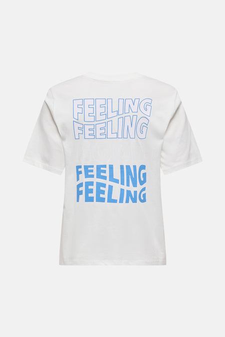 T-shirt blanc à manches courtes de ONLY, imprimé avec le texte « Feeling Good Feeling » au dos.