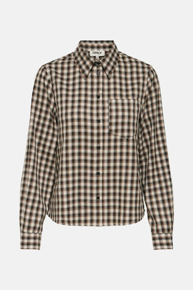 Beige lange mouwen blouse van ONLY, met bruin en zwart ruitpatroon, met een borstzak.