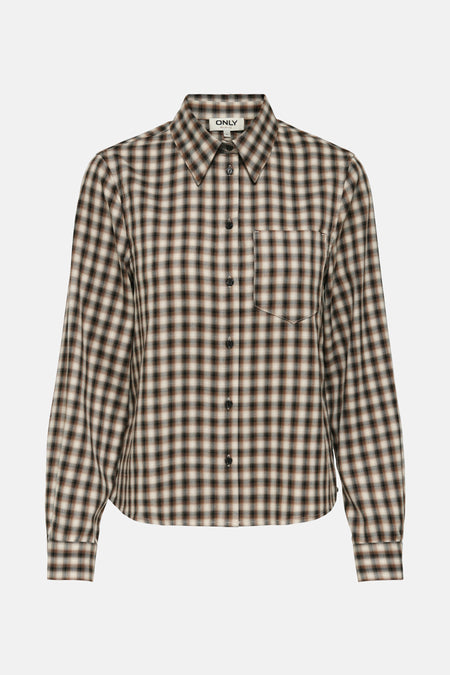 Beige lange mouwen blouse van ONLY, met bruin en zwart ruitpatroon, met een borstzak.