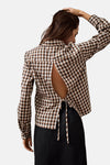 Beige geruite blouse met lange mouwen van ONLY®, open rug met trekkoord.