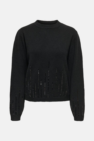 Pull noir à col rond de JDY avec détails ajourés verticaux à sequins discrets.