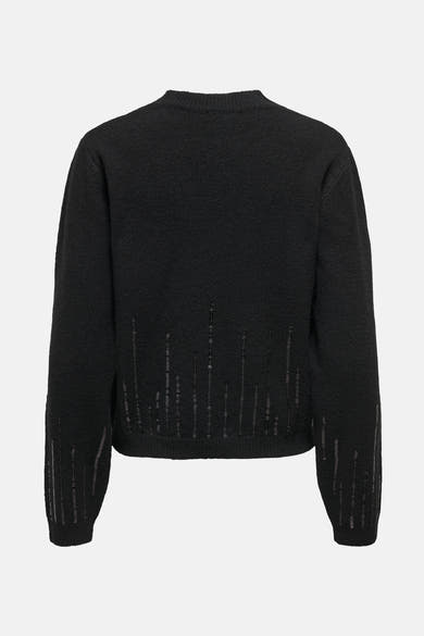 Pull à col rond noir de JDY avec motifs décoratifs scintillants sur le devant et les manches, vue arrière.