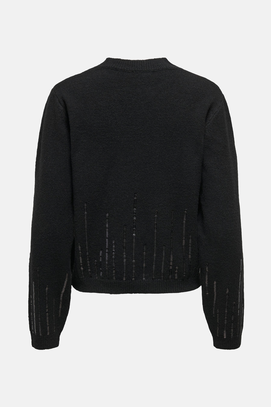 Pull à col rond noir de JDY avec motifs décoratifs scintillants sur le devant et les manches, vue arrière.